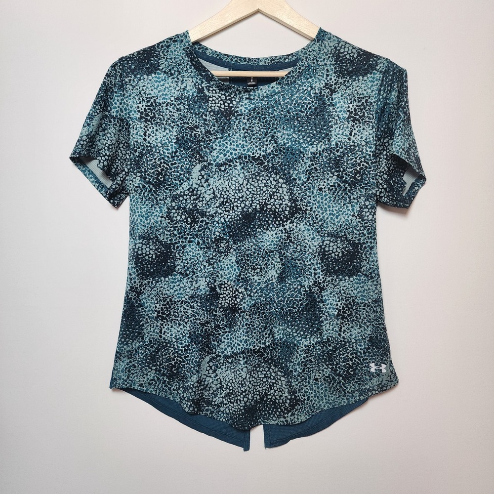 Under Armour Blue Teal Pebble Print Mesh Back Split Hem Athletic Top Size Large